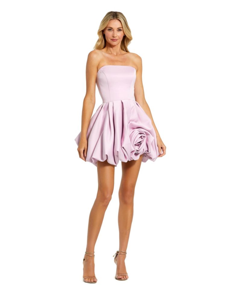 Women's Strapless Mini Bubble Dress with Rosette Ruffle Detail