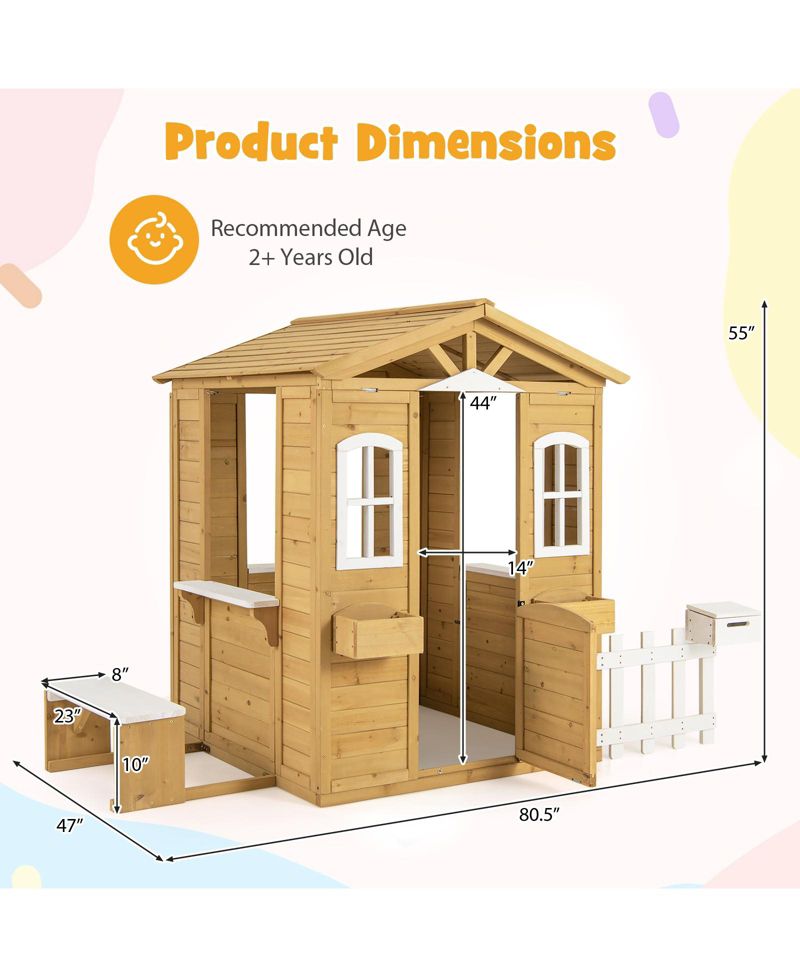 Wood Playhouse for Kids Outdoor Adventures Cottage w/ Bench Play Game Center