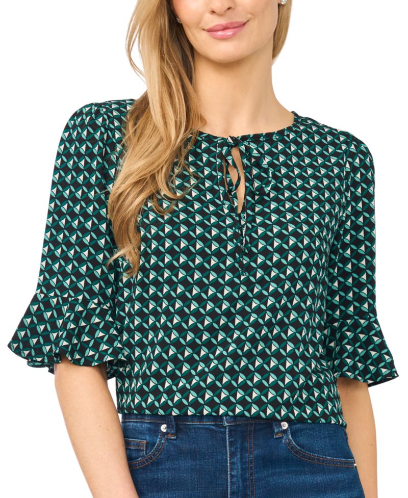 Women's Split-Tie-Neck 3/4-Sleeve Ruffle-Cuff Blouse