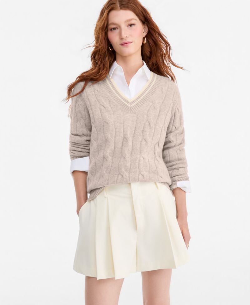 Women's 100% Cashmere Cable-Knit Tipped V-Neck Sweater
