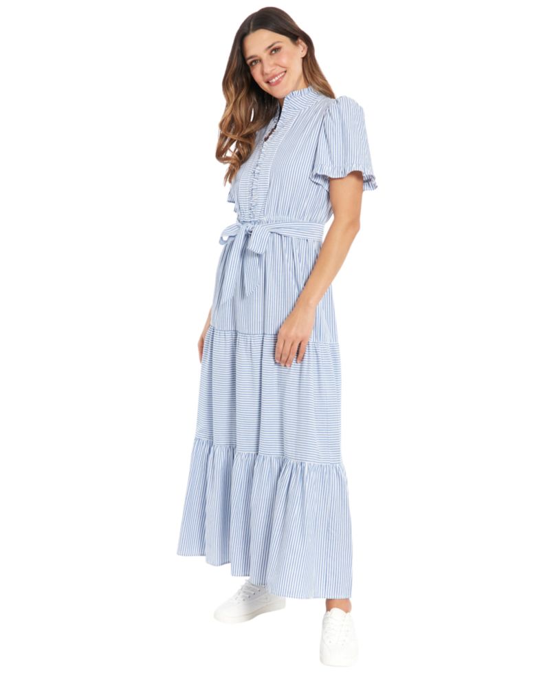 Petite Fit & Flare Slit Neck Tiered Maxi Dress