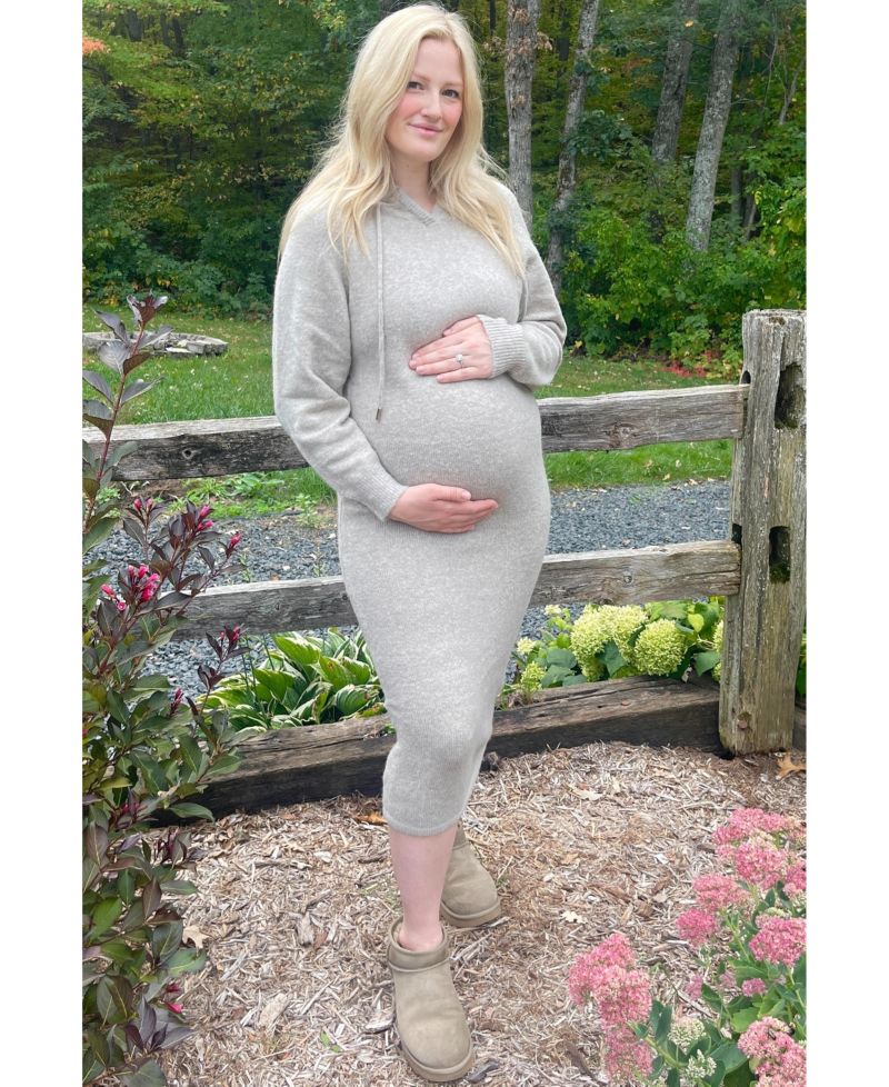 Maternity Beige Hooded Sweater Midi Dress