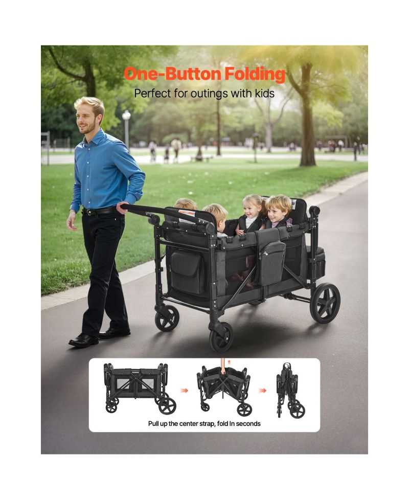 4-Kid Wagon Stroller, Collapsible Push/Pull Cart with Canopy, Safety Harnesses & Adjustable Handle, 330lb Capacity