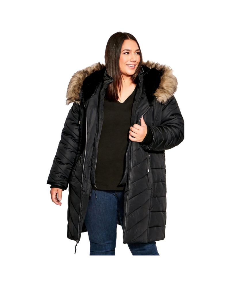 Women's Plus Size Chevron Long Puffer Coat with Faux Fur Hood
