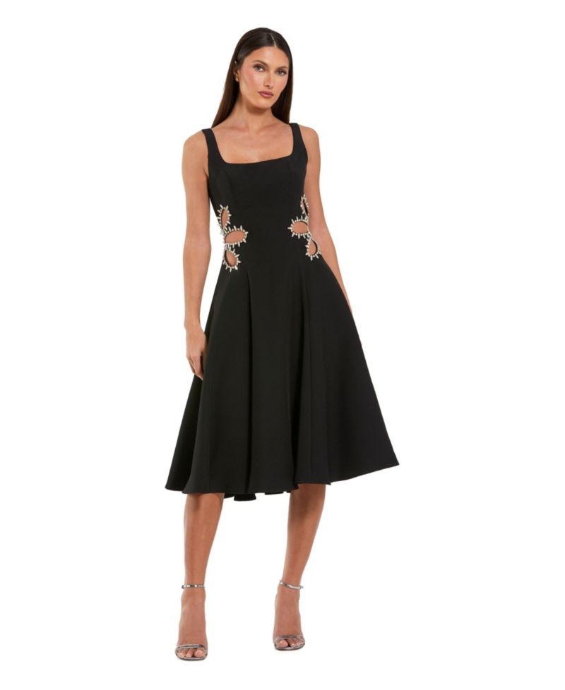 Women's Sleeveless Crepe Rhinestone Cutout Midi Dress