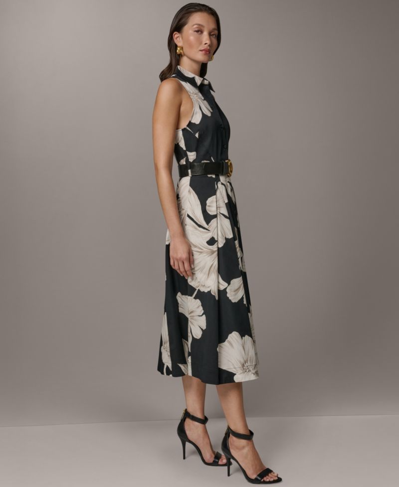 Petite Sleeveless Floral Collared Midi Shirt-Dress