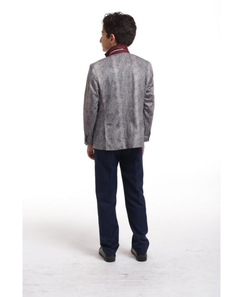 Boys Silver Slim Fit Printed Velvet Blazer