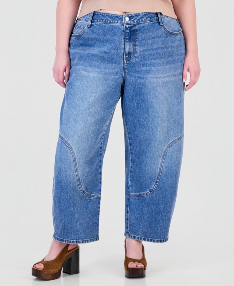 Plus Size Curved Seamed Barrel High-Waisted Wide-Leg Denim Jeans