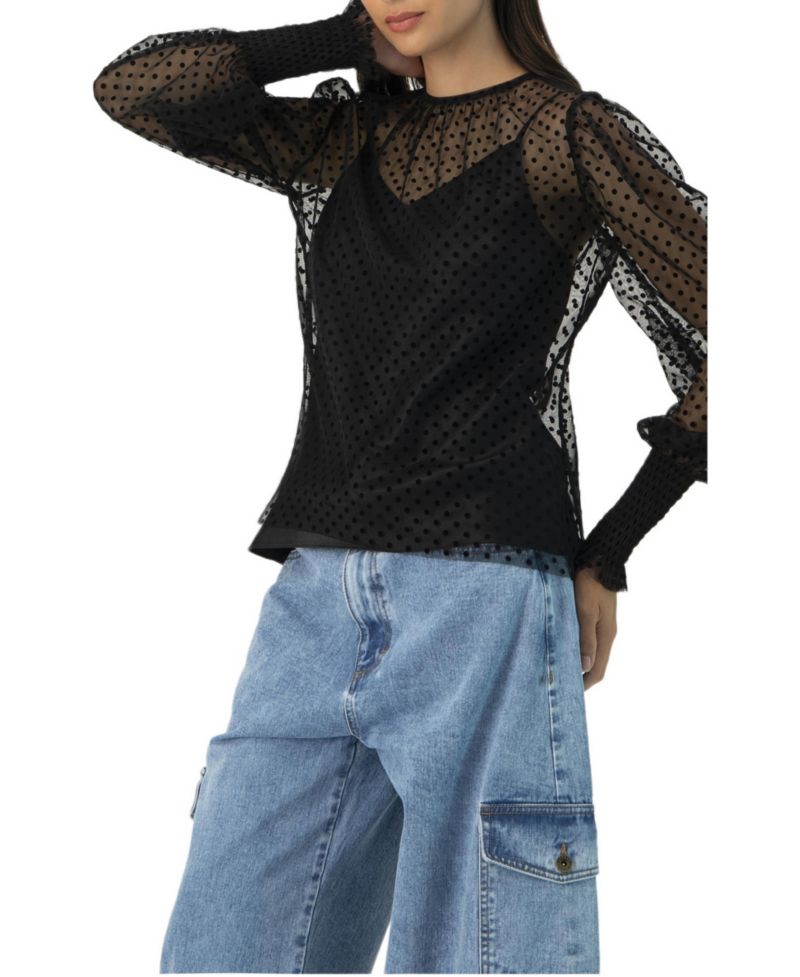 Women's See- Though Polka Dot Smock Sleeve Blouse