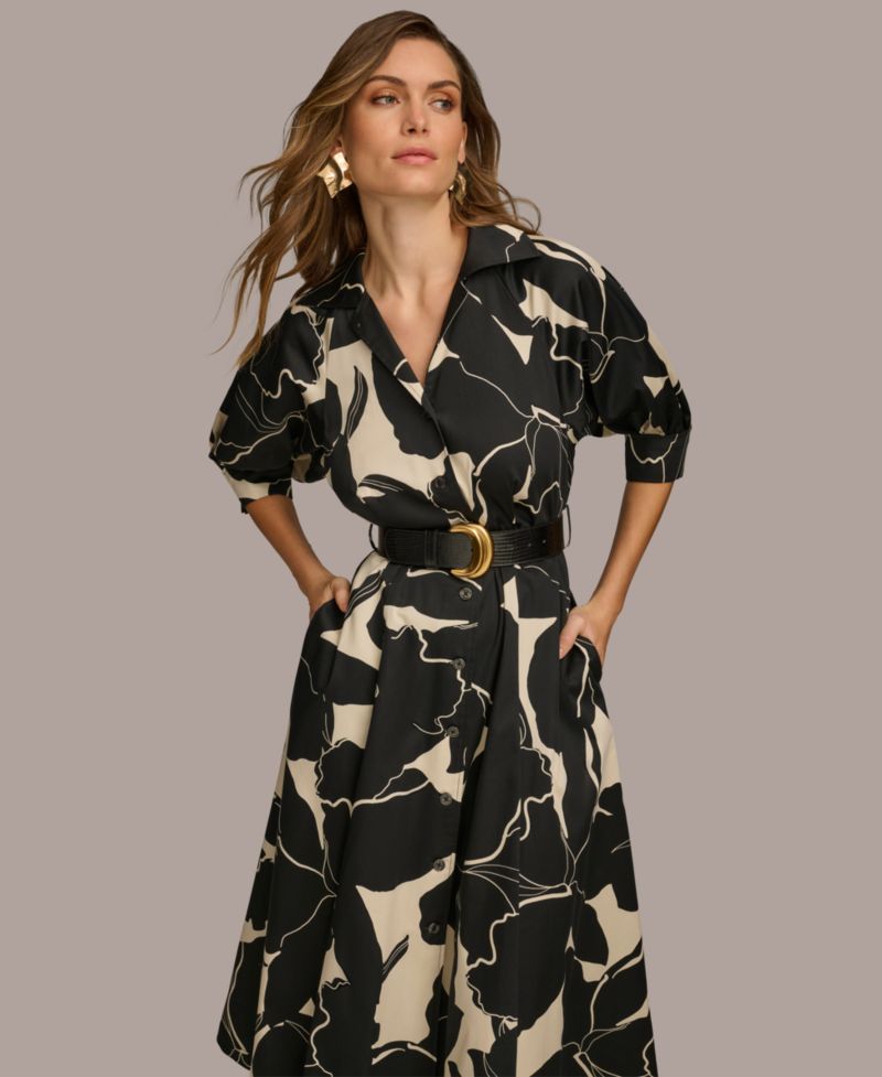 Women's Printed Faux-Leather Belt Midi Shirtdress