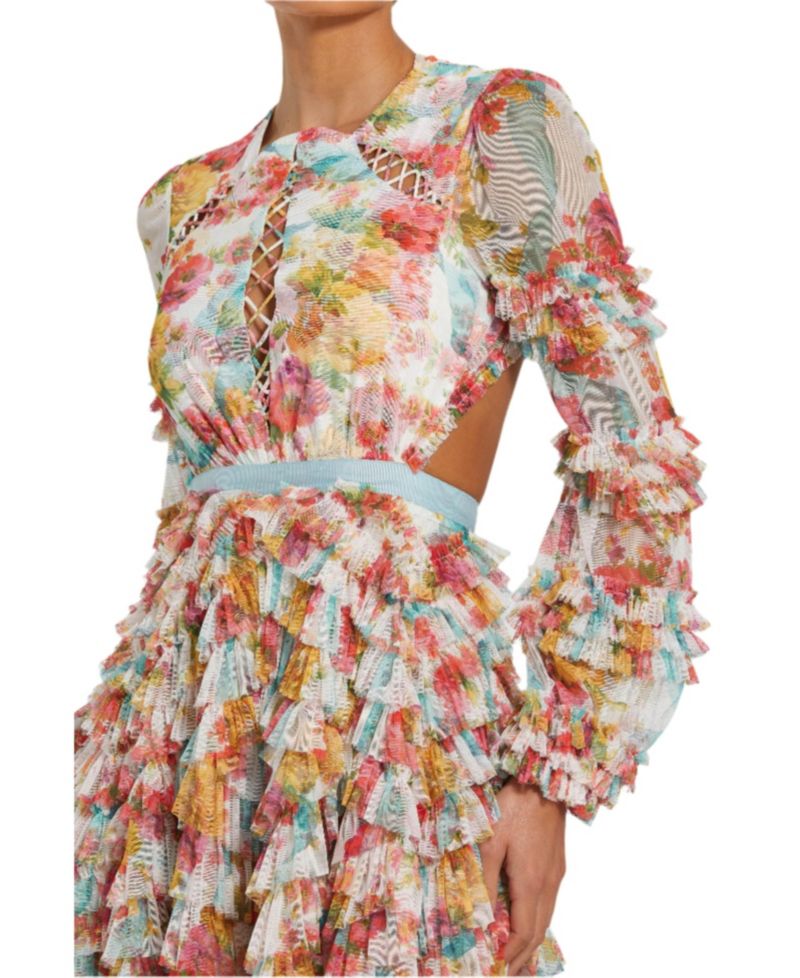 Women's Long Sleeve Tiered Ruffle Cutout Criss Cross Dress