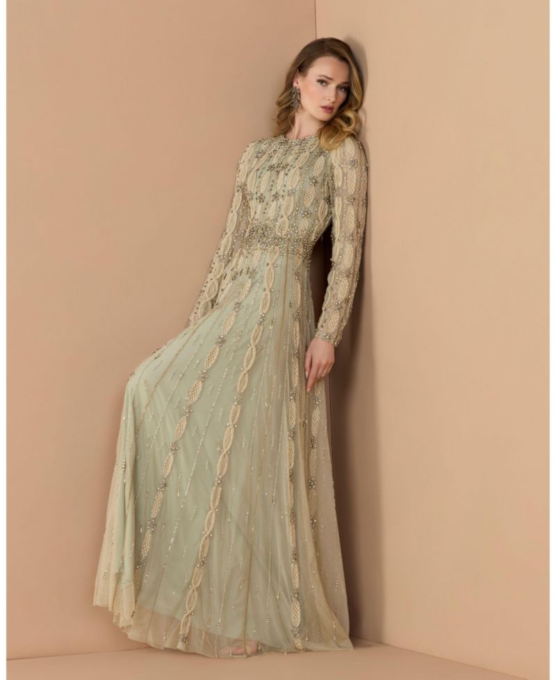 Women's Embellished Mesh Long Sleeve Evening Gown