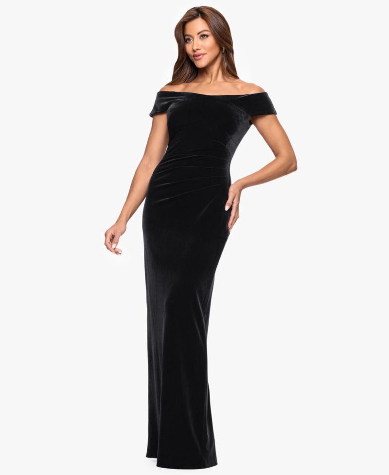 Women's Velvet Off The Shoulder Ruched Waist Long Dress
