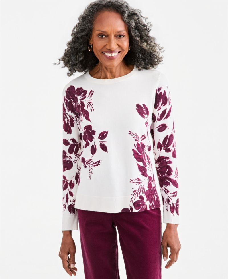 Petite Crewneck Long-Sleeve Floral-Print Sweater