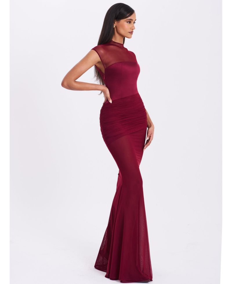 Women's Fabienne Burgundy Mesh Cap Sleeve Mermaid Gown