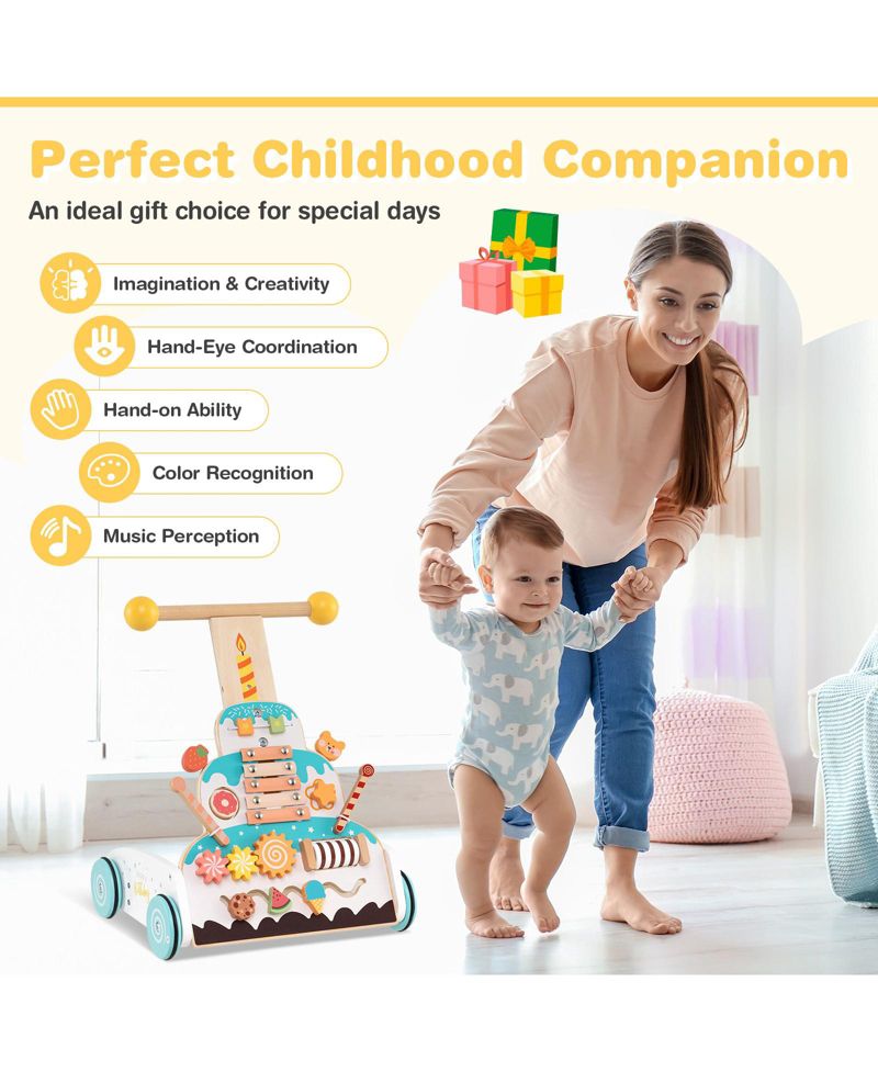 Toddler Wooden Walker with Adjustable Heights and Smooth Wheels-White