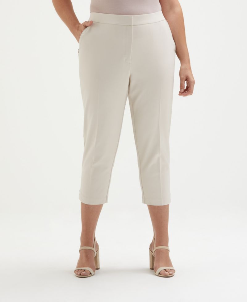 Plus Size Satin Mid Rise Twill Capri Pants with Slant Pocket
