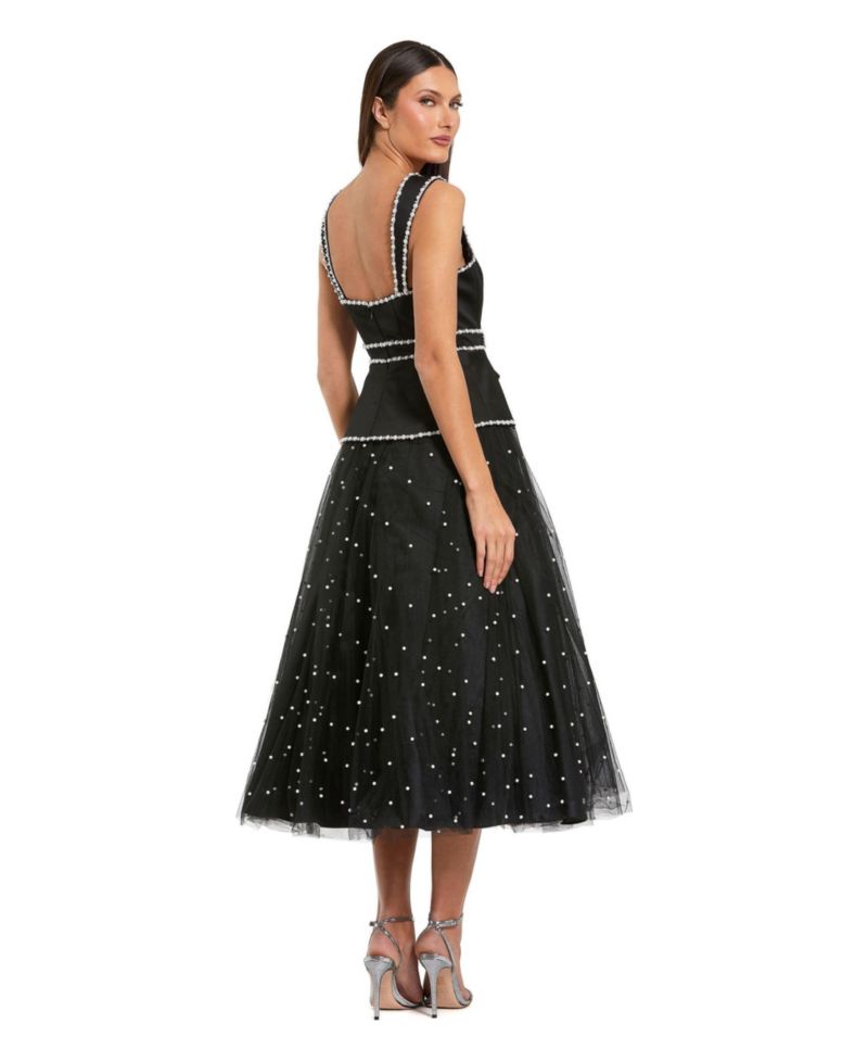 Women's Sleeveless Embellished Crepe And Tulle Midi Dress
