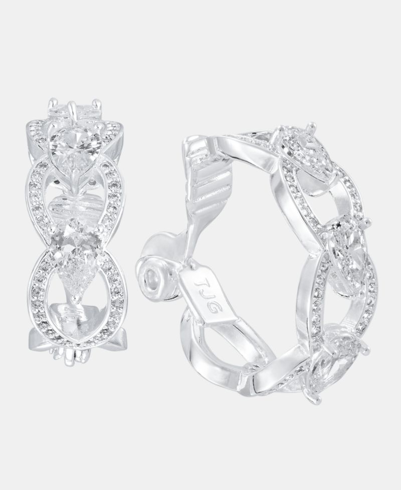 Silver-Tone Navette Crystal Hoop Comfort Clip Earrings
