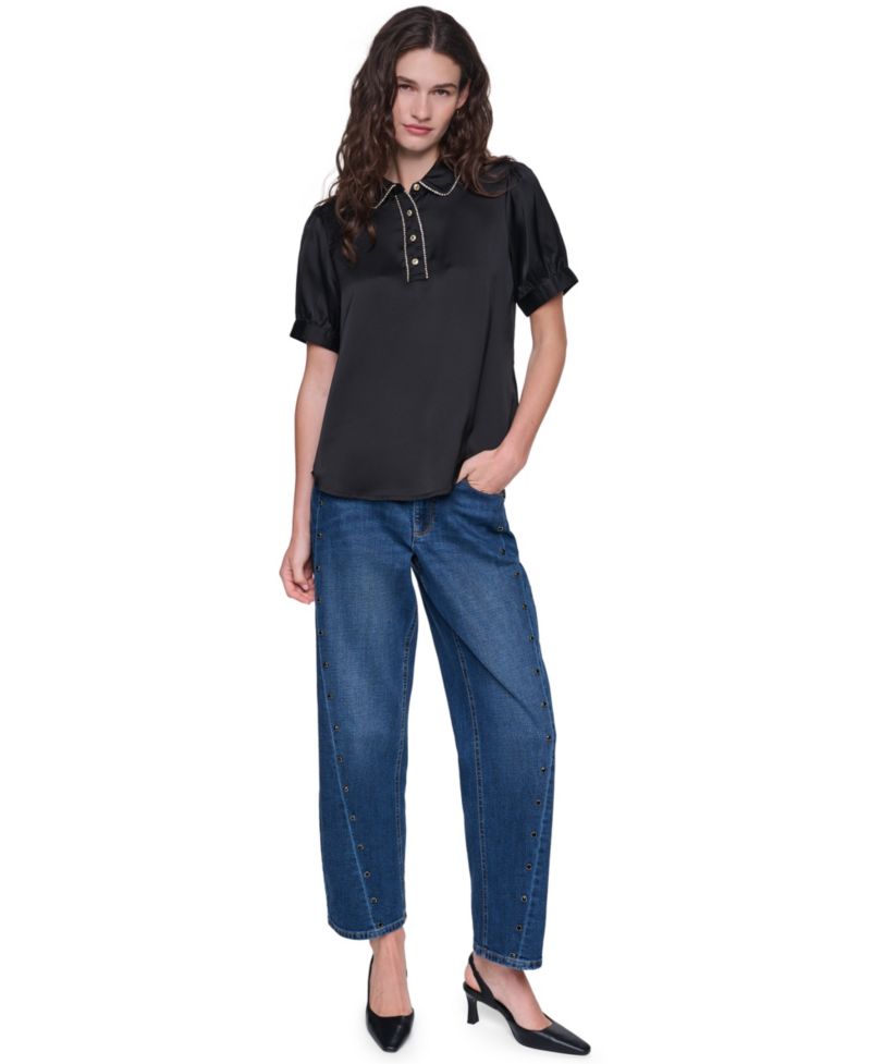 Women's Short-Sleeve Satin Crystal-Embellished Collared Blouse