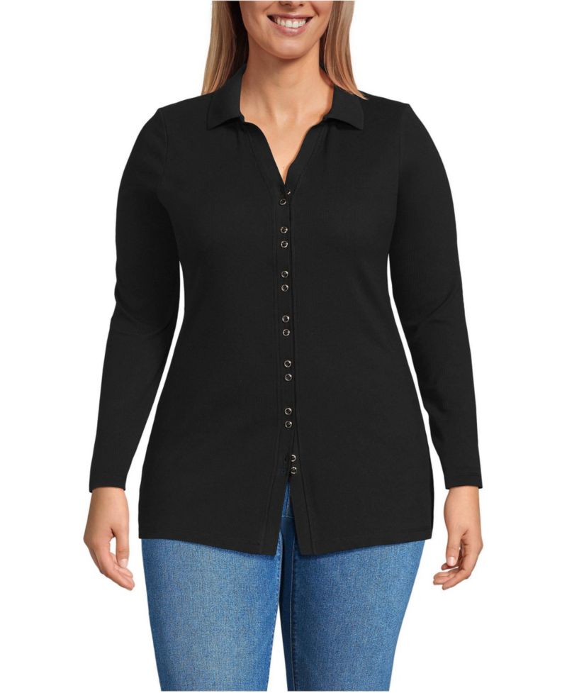 Plus Size Long Sleeve Polished Rib Button Through Tunic Shirt