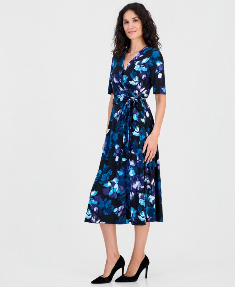 Women's Elbow-Sleeve Wrap-Front Fit & Flare Dress