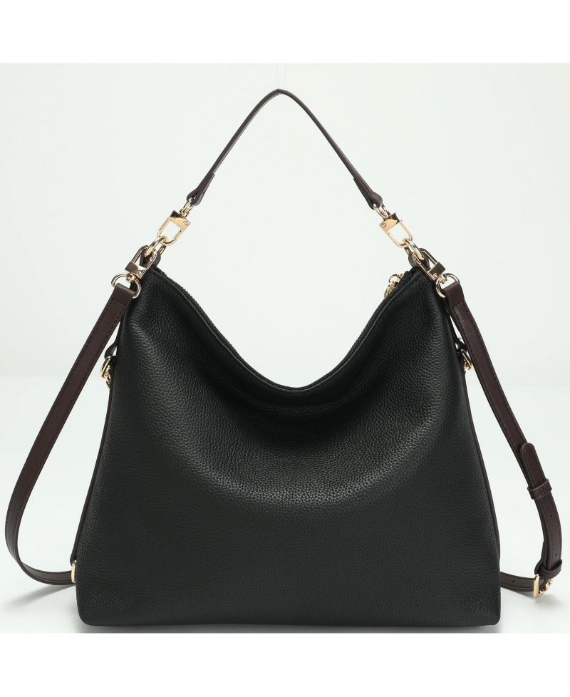 Riva Leather Convertible Hobo Bag Shoulder and Crossbody with Chain Detail