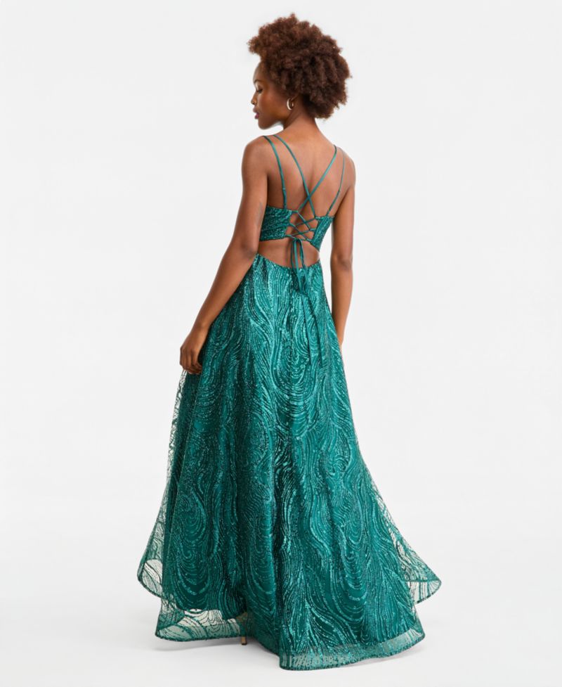 Juniors' Spaghetti Strap V Neck Glitter Pattern Gown with Lace Up Back