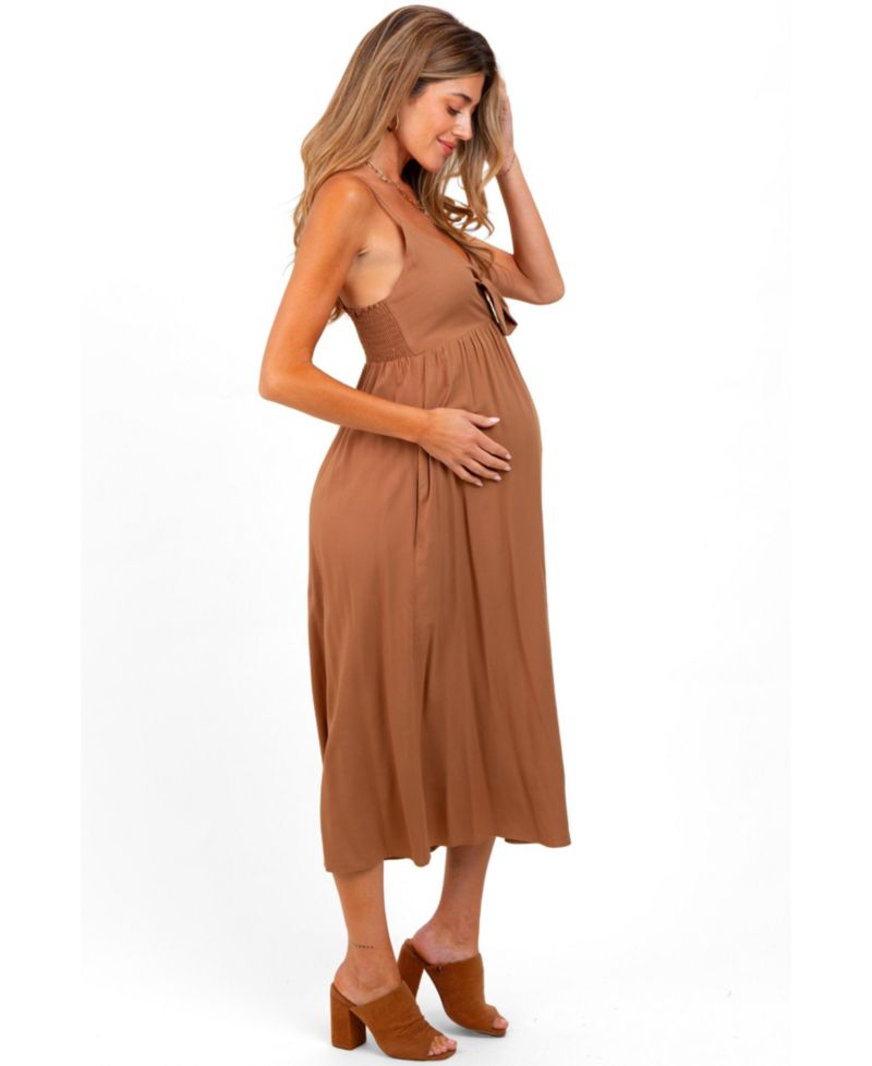 Women's Camel Front Tie Sleeveless Midi Dress