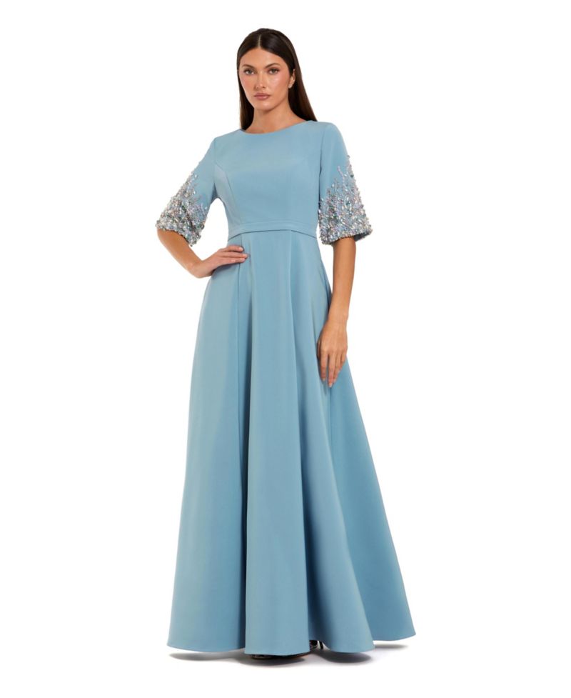 Women's 3/4 Sleeve Crepe Gown With Sleeve Embellishments