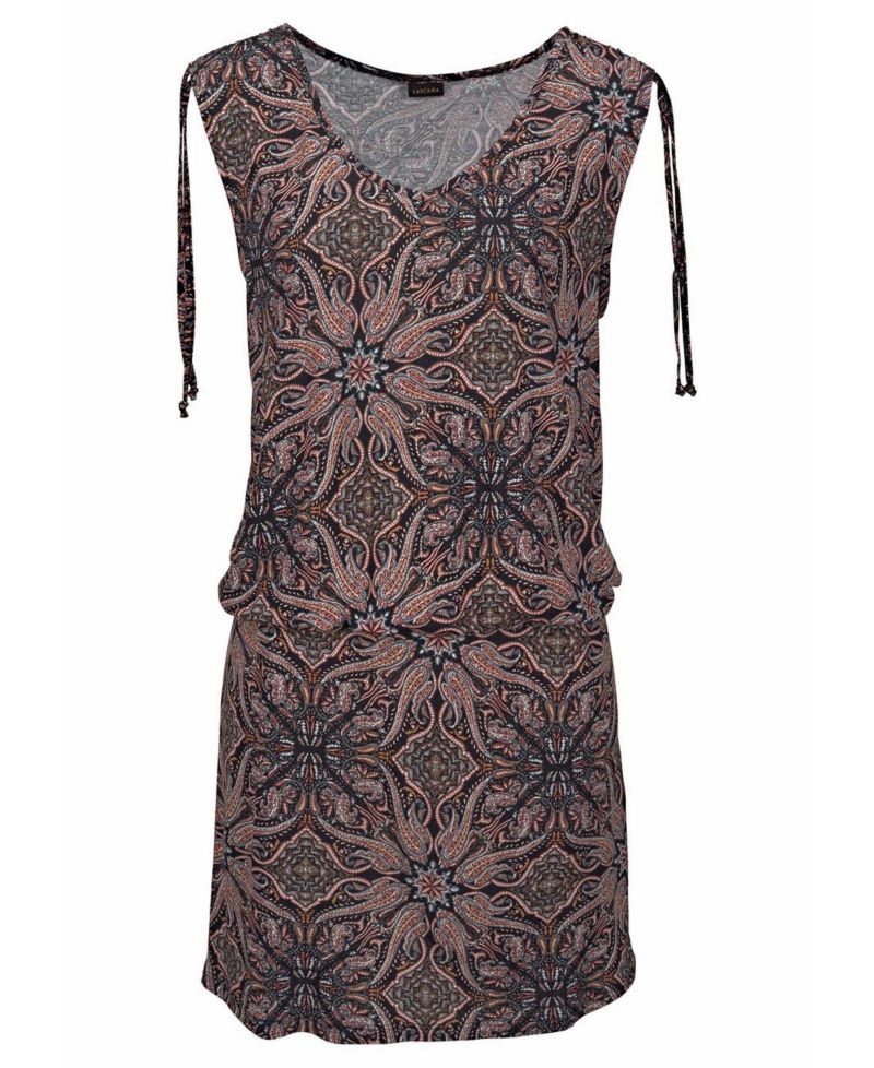 Women's Viscose Printed Multi V-Neck Elastic-Waist Short Dress