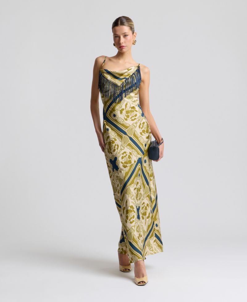 Women's Cowl Neck Scarf Print Maxi Dress