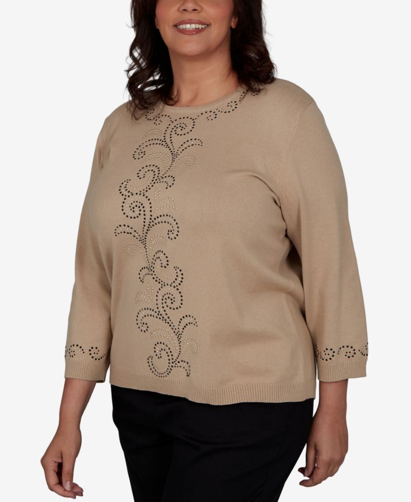 Plus Size Travel Advisory Beaded Scroll 3/4-Sleeve Sweater