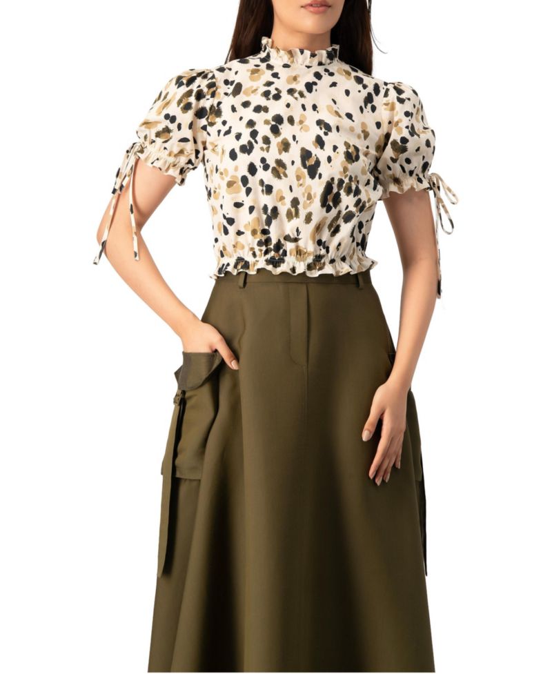 Women's Abstract Animal Print Crop Blouse, Puff Sleeve Ruffle Neck Top