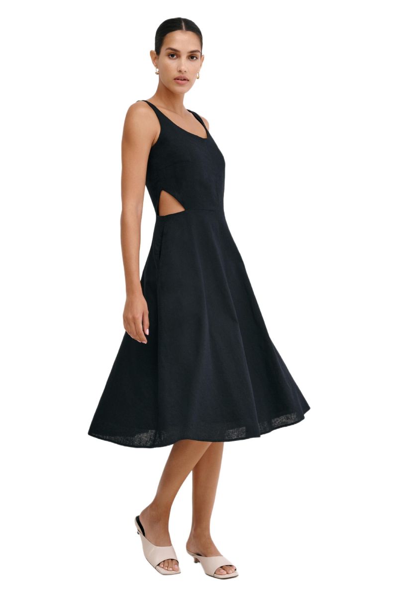 Women's Caroline Linen-Cotton Waist-Cutout A-Line Below-Knee Dress with Pockets