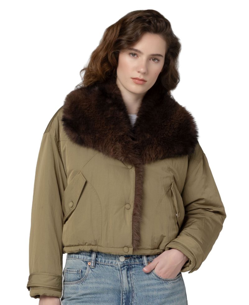 Women's Shawl Collar Faux-Fur Trim Cropped Jacket