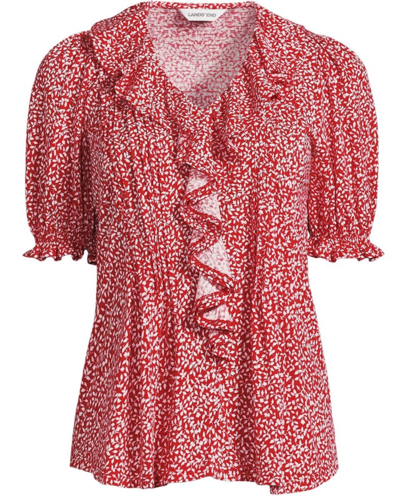 Women's Puff Sleeve Slub Ruffle Pintuck Top