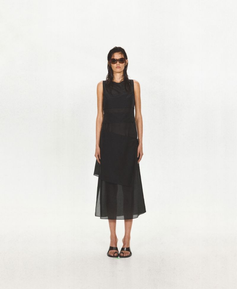 Women's Asymmetrical Overlay Semi-Sheer Midi Dress