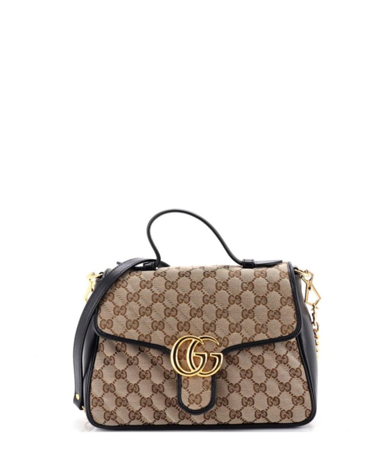 Small GG Marmont Top Handle Flap Bag Diagonal Quilted GG Canvas with Leather