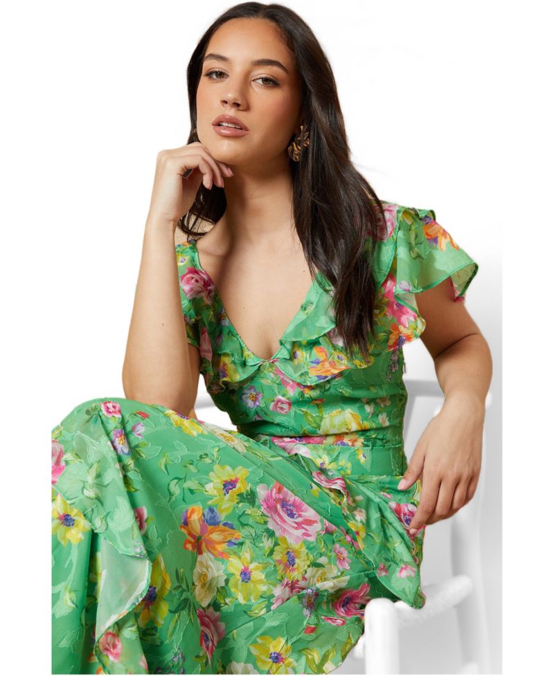 Women's Ruffle Sleeve Jacquard Midi Dress