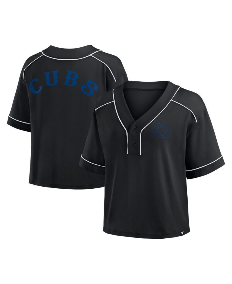 Women's Black Chicago Cubs Oversized Champ Game Cropped V-Neck T-Shirt