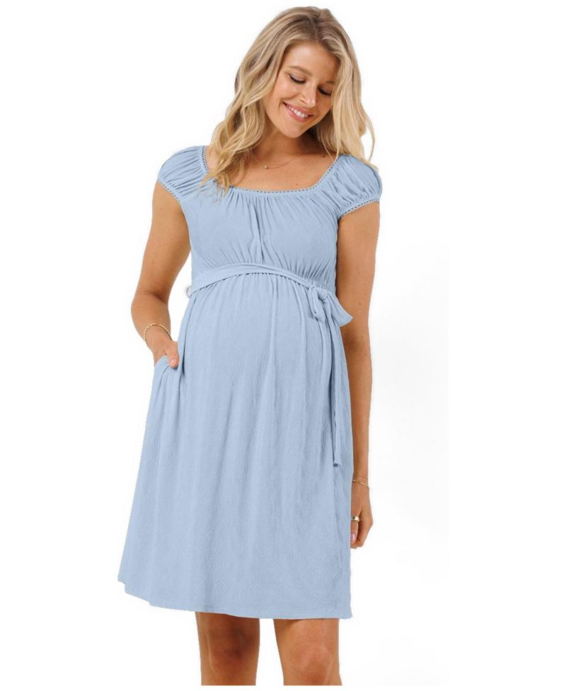 Maternity Cap Sleeve Textured Empire Waist Dress with Pockets