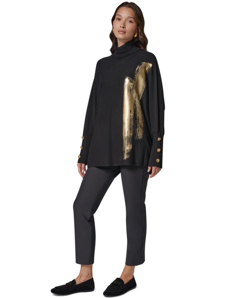 Petite Oversized Metallic Paint-Print Turtleneck Sweater