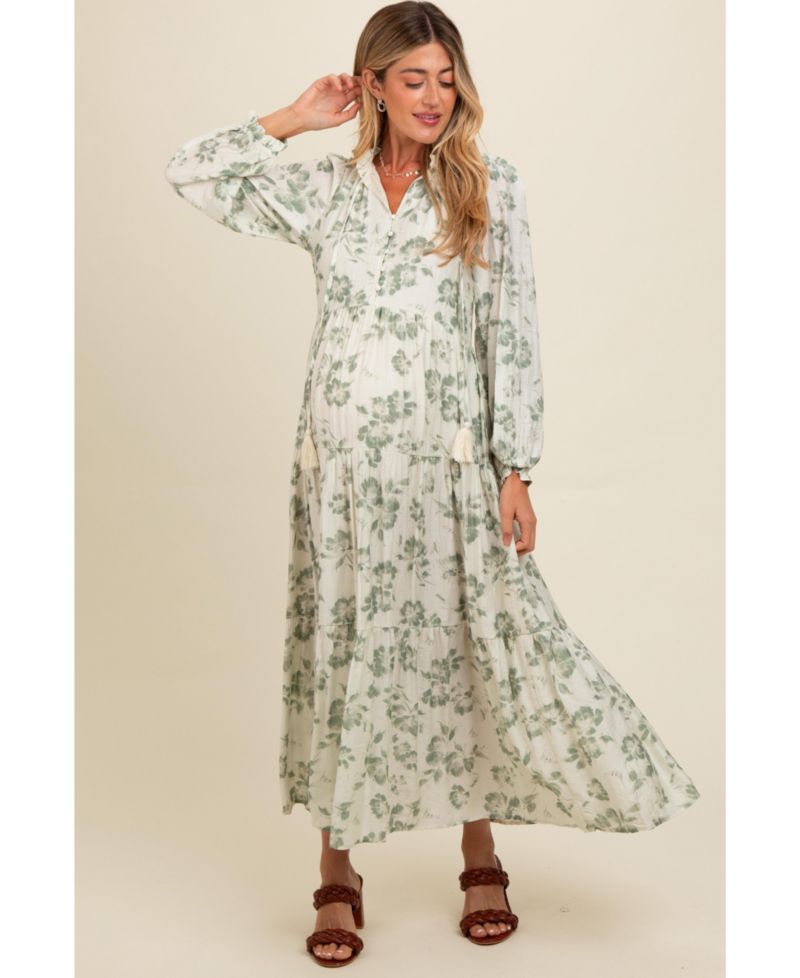 Women's Black Floral Button Front Tiered Long Sleeve Maxi Dress