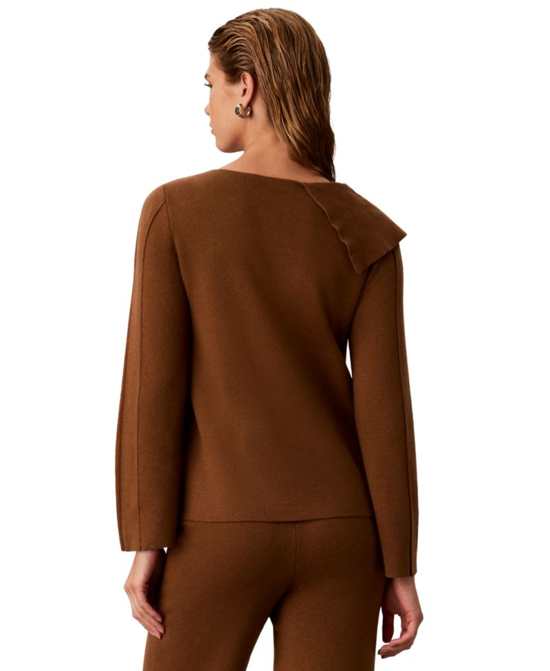 Petite Asymmetrical Drape Boat Neck Long-Sleeve Sweater