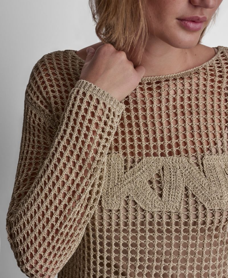 Petite Long-Sleeve Pointelle Crochet Open-Stitch Boat Neck Logo Sweater
