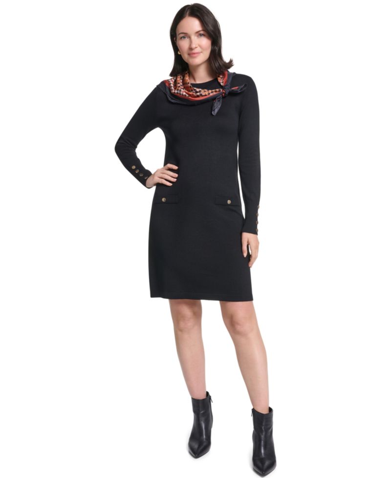 Women's Long-Sleeve Jewel-Neck Dress with Scarf