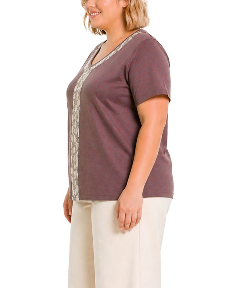 Plus Size Python Mesh Inset V-Neck Top