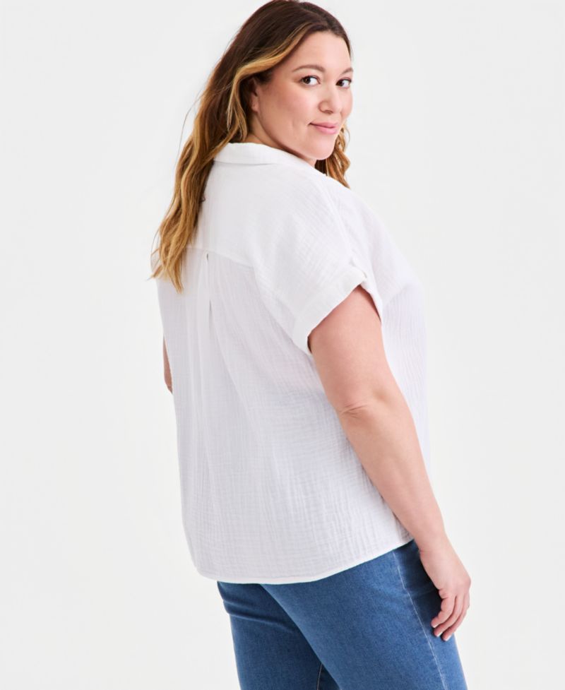 Plus Size Cotton Gauze Collared Popover Top