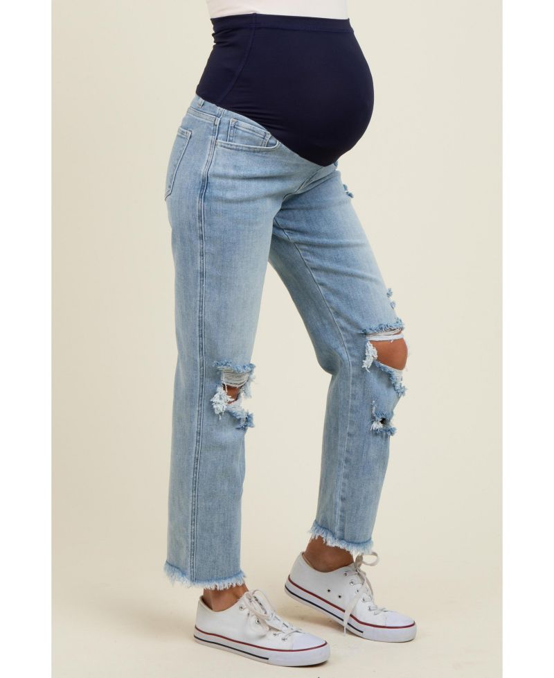 Women's Light Blue Ripped Knee Fringe Hem Straight Leg Ankle Jeans